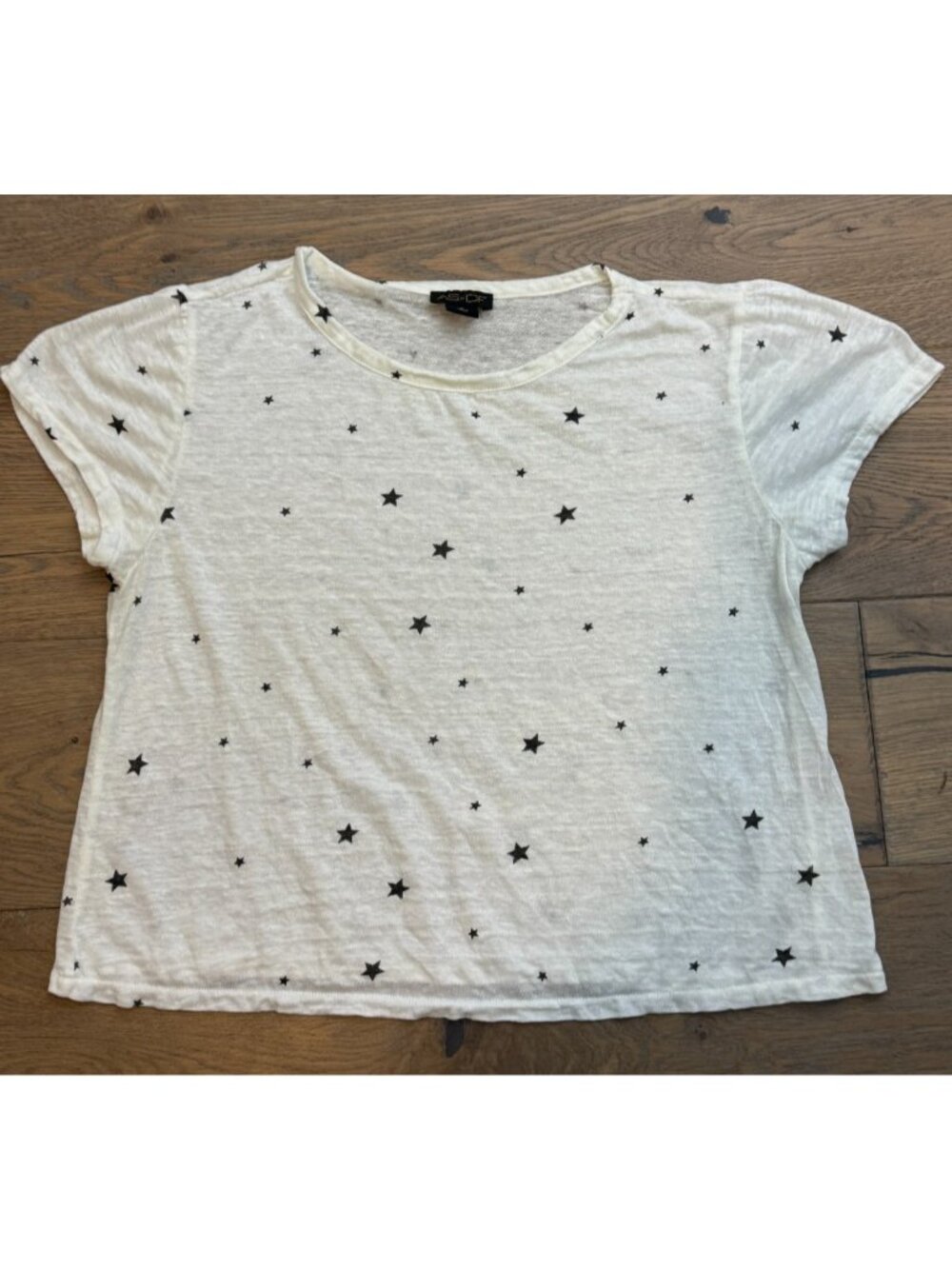 $115 AS by DF White Star Print 100% Linen Tee Designer Short Sleeve Top, S